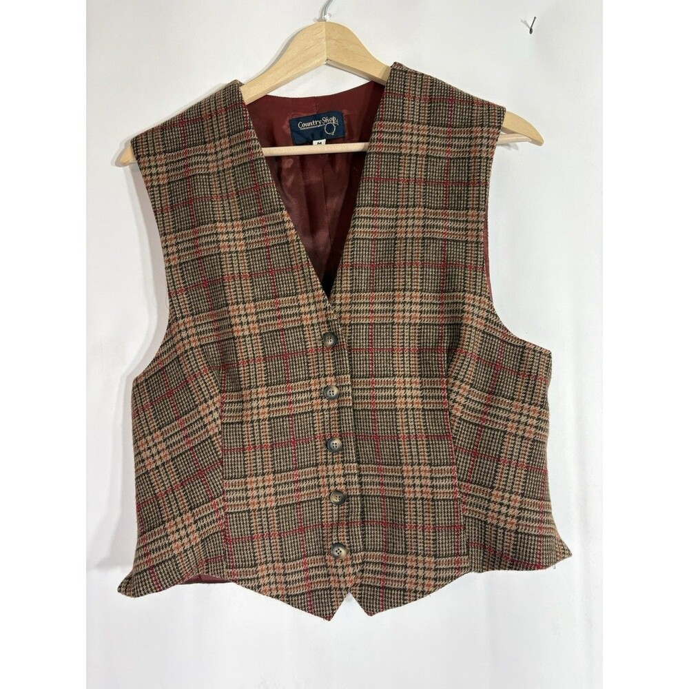 Vintage Country Shop Women's Wool Plaid Vest Brown Red Size Medium EUC